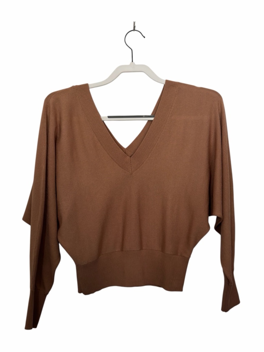 Express Brown Classy Sexy Long Sleeve Ribbed Hem V-Neck Blouse
